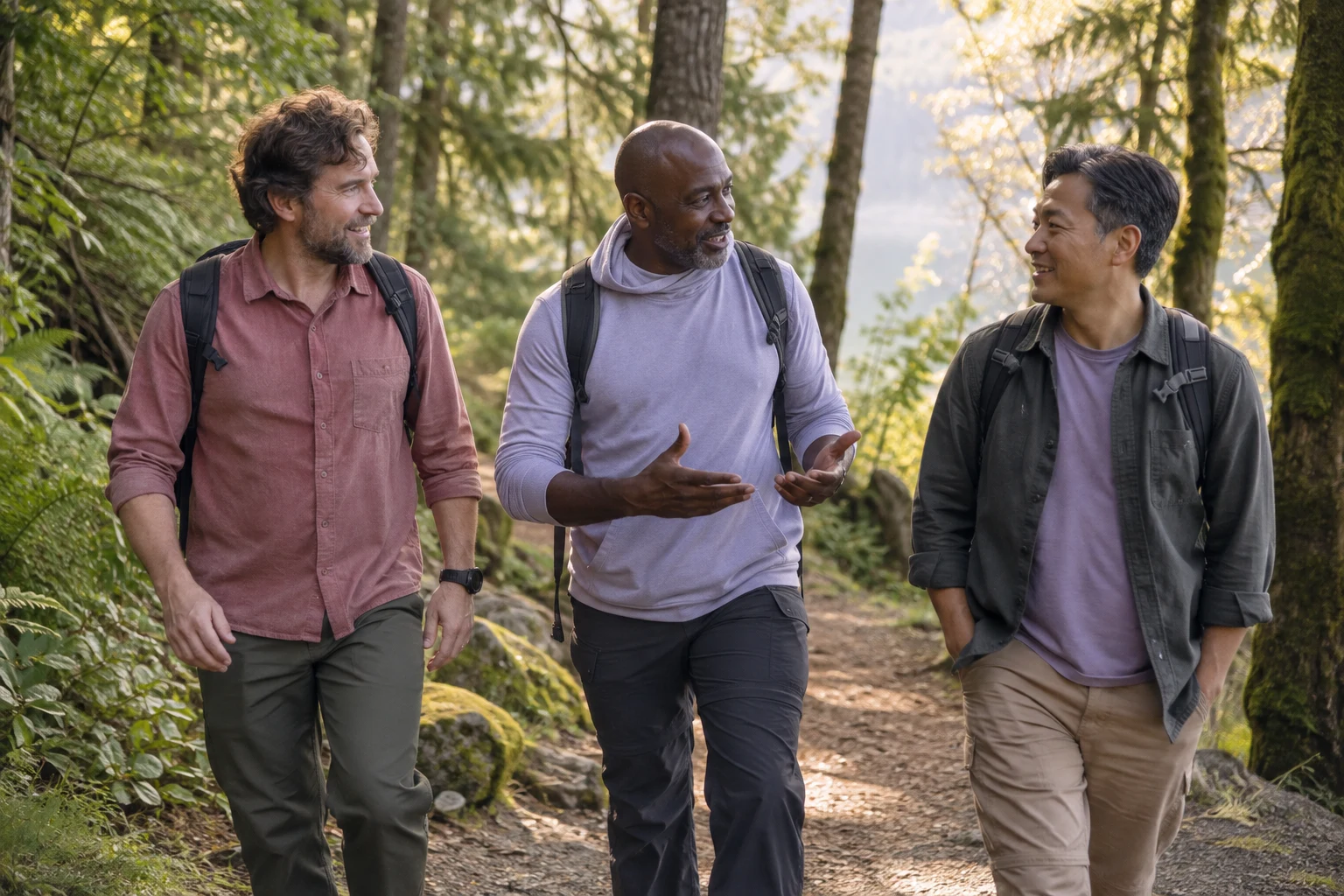 Three men sharing conversation on a leafy trail